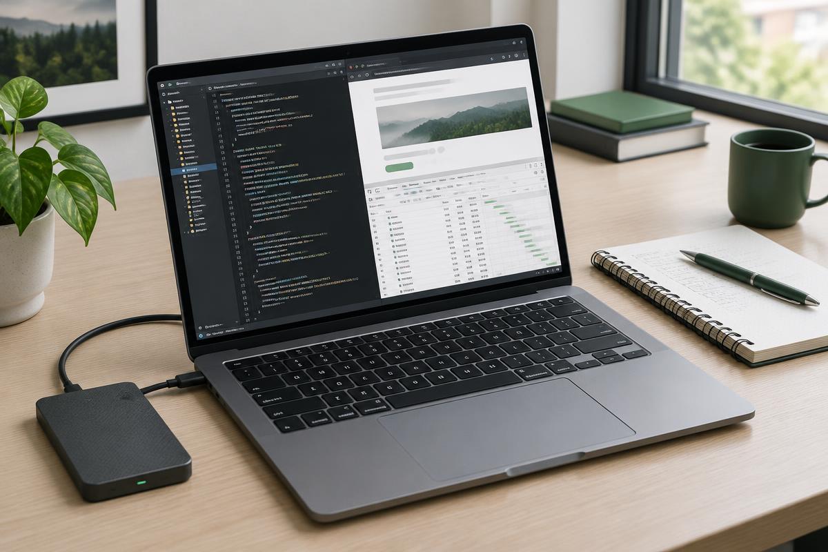 Laptop showing code and a browser testing window